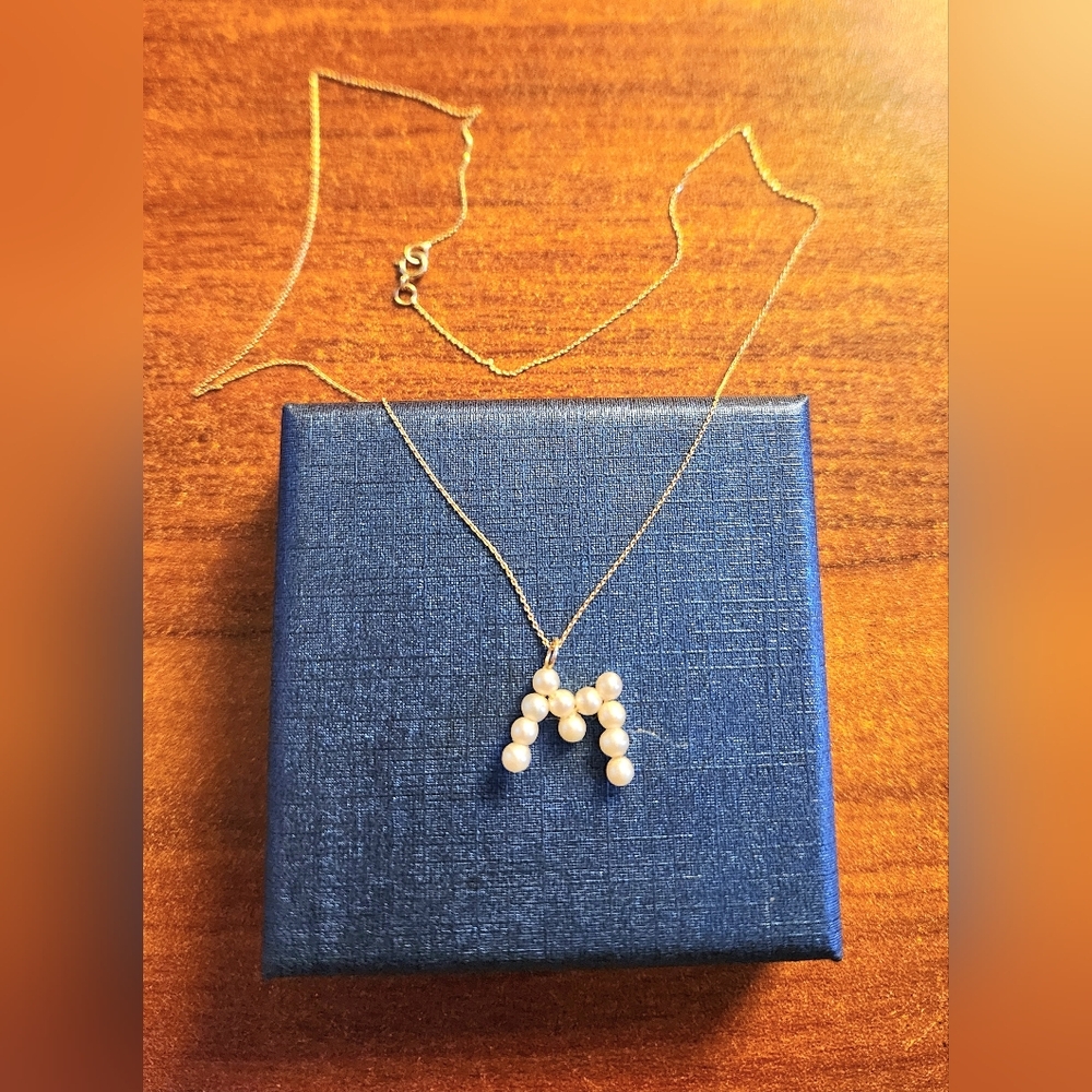 14k Gold And Pearl M Initial Necklace